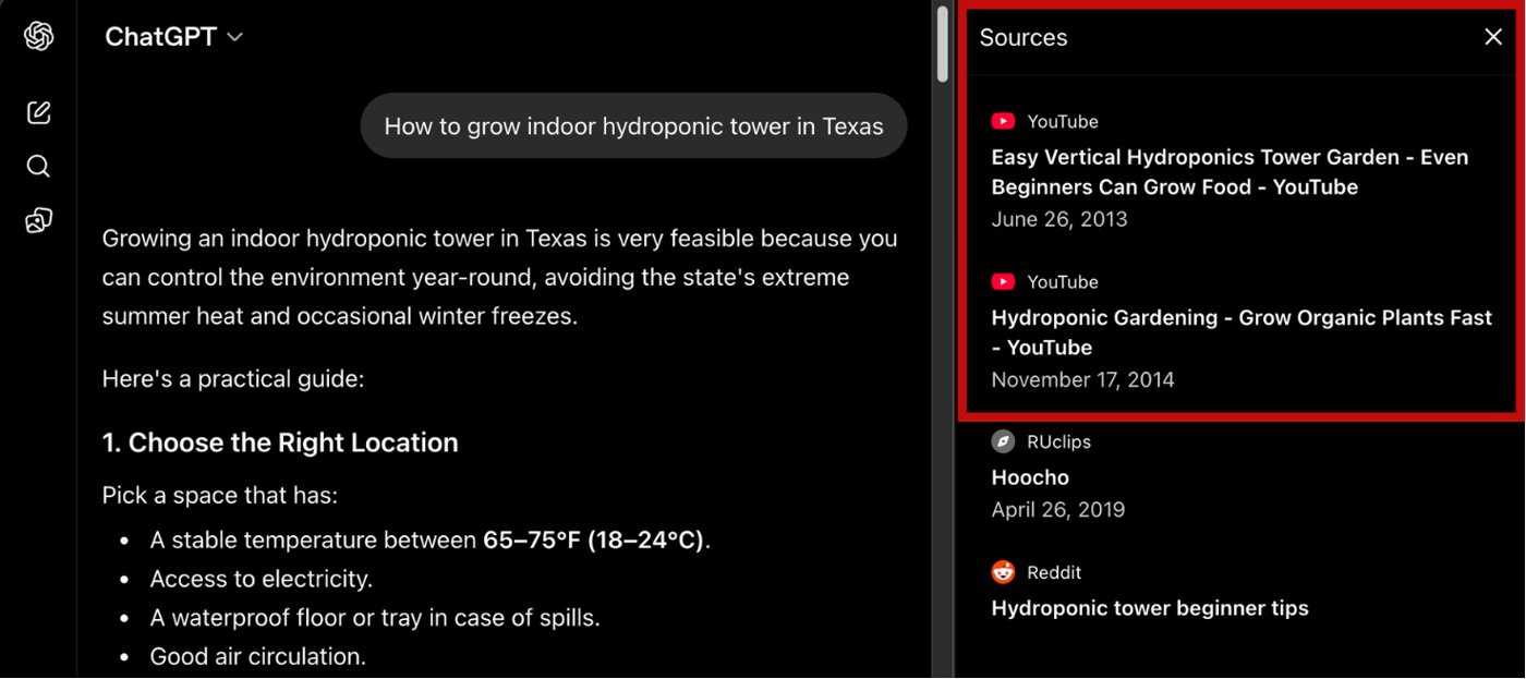 ChatGPT sources panel highlighting YouTube citations for a query